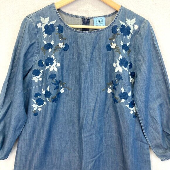 CECE Den Embroidered 3/4 Sleeve Chambray Shift Dress Size 10 Floral Boxy Denim - Picture 4 of 15